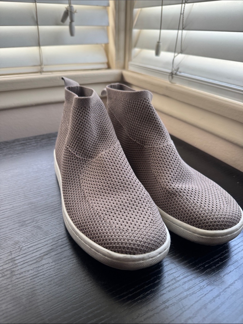 Eileen Fisher Knit Slip-On Sneakers in Taupe Gray with White Sole